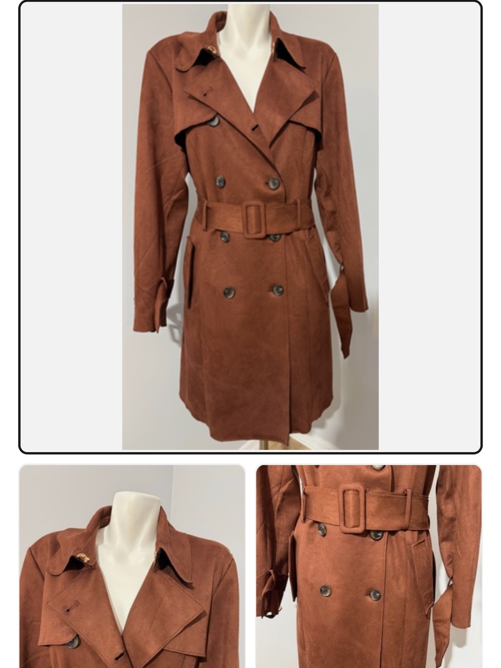 Elie Tahari Chestnut Brown Double-Breasted Suede Trench with Belt